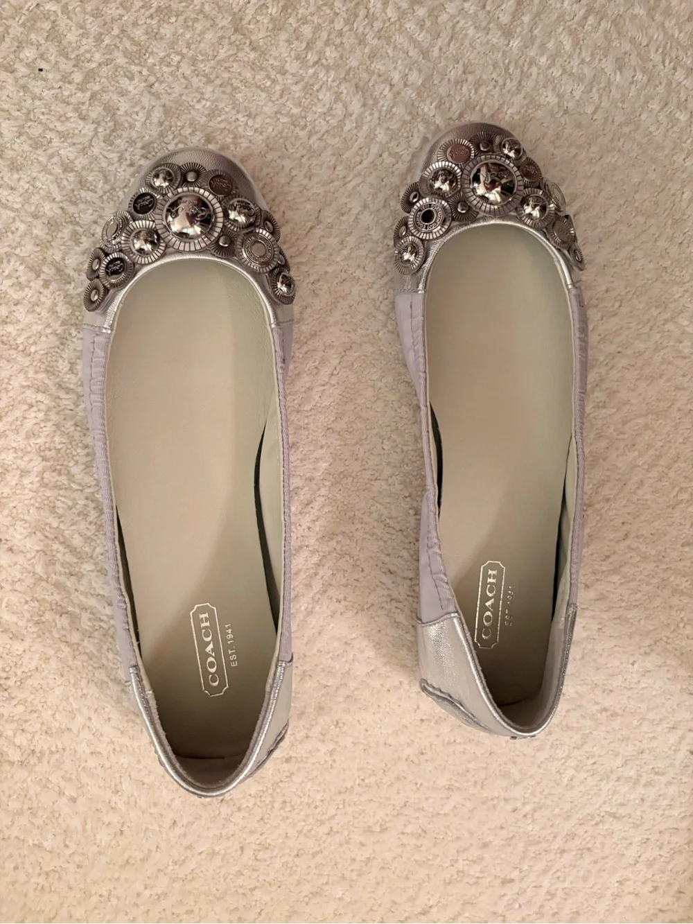 COACH Silver Metallic Embellished Ballet Flats
